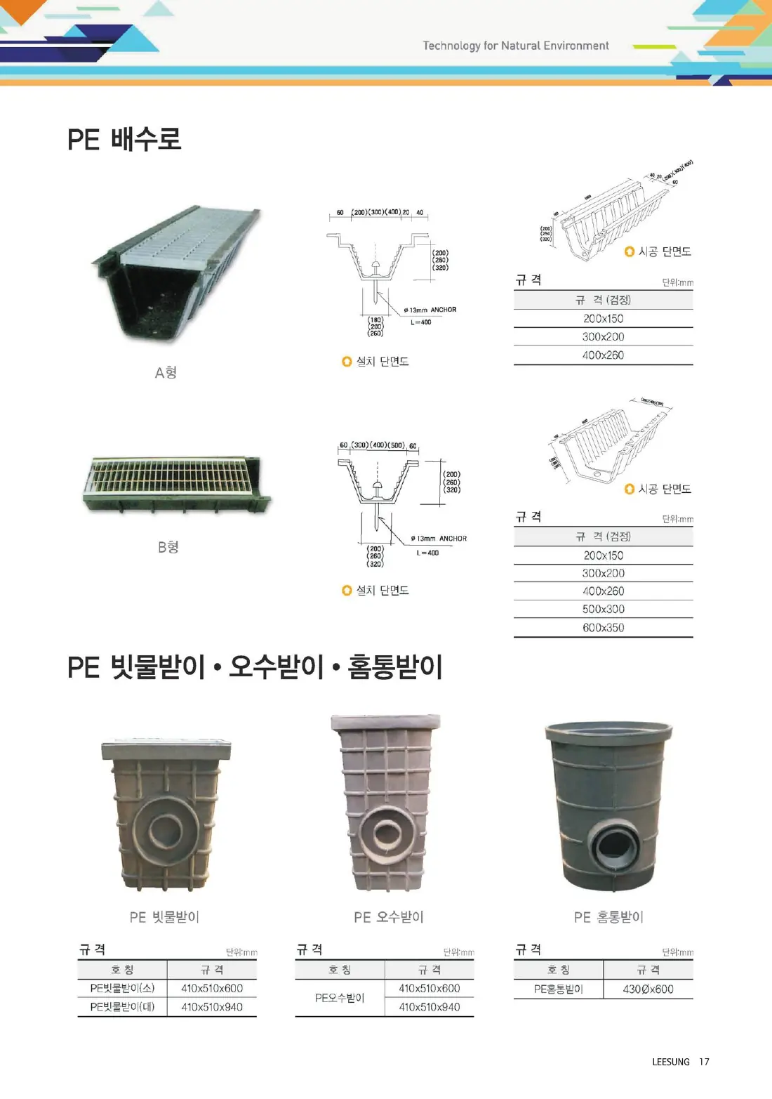 17쪽 PE 배수로 · PE 빗물받이·오수받이·홈통받이